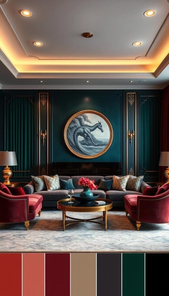 A luxurious color palette design for a sophisticated living room. Warm, burnished metallics like gold and bronze accents shimmer against a backdrop of rich, velvety jewel-toned hues - deep emerald green, midnight blue, and plush burgundy. Soft, indirect lighting casts a glowing, ambient atmosphere, while elegant, curved furnishings in luxurious fabrics create an inviting, opulent ambiance. Ornate, gilded details and a touch of artful opulence complete the scene, exuding a sense of refined, high-end luxury.