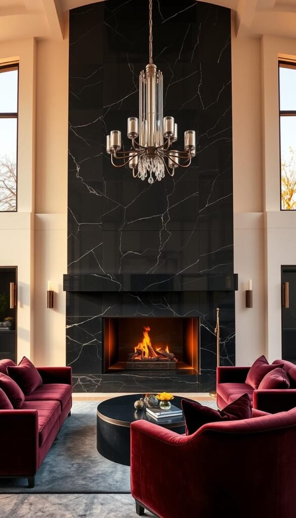A luxurious, contemporary fireplace design with a grand, sweeping mantel made of polished black marble, accented by gleaming chrome fixtures. The fireplace is set within a minimalist, high-ceilinged living room with large windows that flood the space with warm, golden natural light. Plush, velvet-upholstered furniture in deep jewel tones is arranged in a cozy conversational grouping around the fireplace, creating an intimate and inviting atmosphere. Soft, diffused lighting from hidden sconces and a statement chandelier casts a flattering glow, highlighting the rich textures and elegant simplicity of the design.