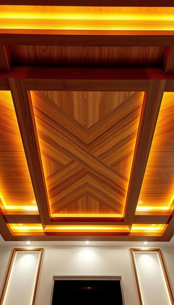 A luxurious, contemporary wooden false ceiling design, featuring intricate geometric patterns and warm, ambient lighting. The central panel showcases an exquisite wood grain texture, with intersecting beams that cast soft, dramatic shadows. Surrounding the central focal point, the ceiling transitions into a series of recessed, illuminated panels that create a visually striking, layered effect. The overall design evokes a sense of sophistication and timeless elegance, perfectly suited for a high-end living room setting. The lighting is expertly positioned to highlight the natural beauty of the wood, creating a cozy and inviting atmosphere.