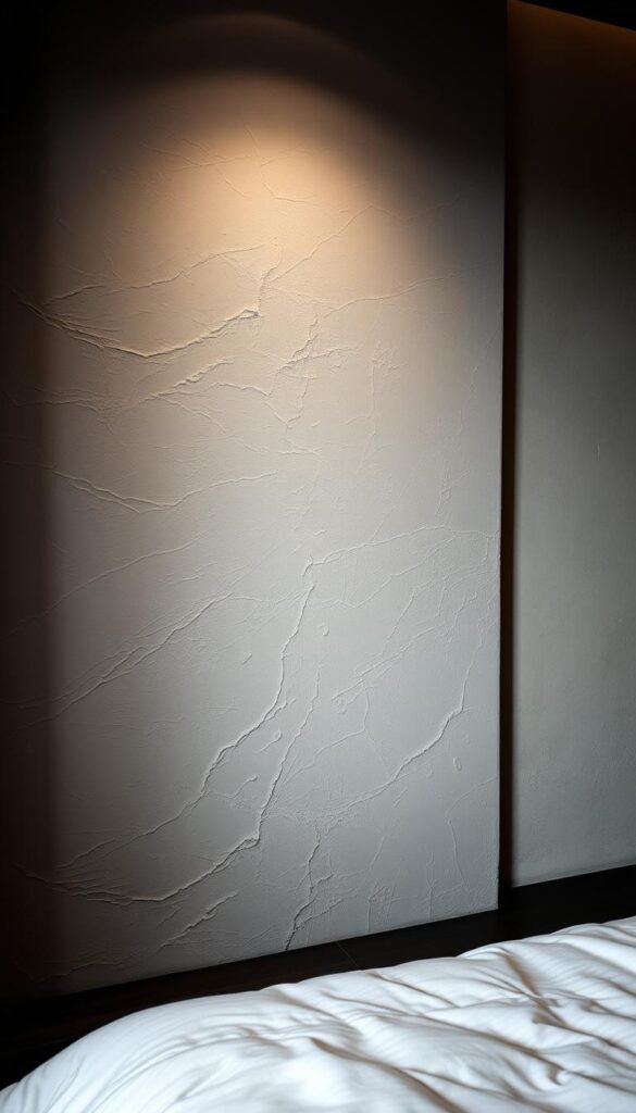 A luxurious, dimly-lit bedroom featuring textured wall treatments that create depth and visual interest. The foreground showcases intricate, hand-crafted plasterwork with subtle undulations and a matte, chalky finish, casting gentle shadows that add dimension. In the middle ground, a subtly embossed wallpaper with a metallic sheen reflects the low-angled lighting, creating an alluring, shimmering effect. The background features a softly textured, lime-washed wall with a hint of warmth, complementing the overall moody, sophisticated atmosphere.
