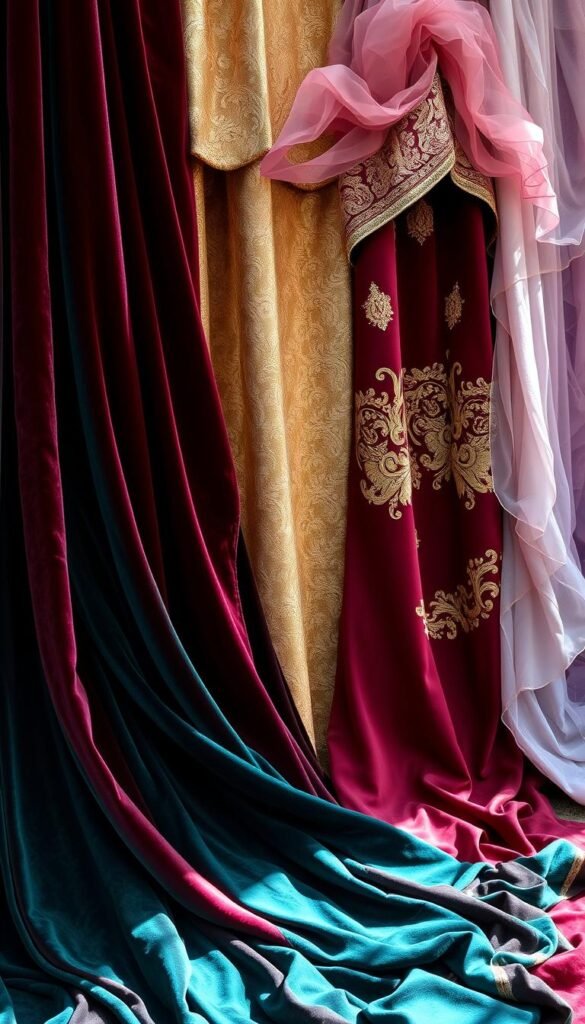 A luxurious display of French textile masterpieces, showcasing the exquisite craftsmanship and rich hues that define haute couture. In the foreground, cascading folds of sumptuous silk velvet in deep, jewel-toned hues - burgundy, emerald, and sapphire - captivate the eye. The middle ground features intricate brocades in shimmering gold and silver, their patterns woven with the precision of a master artisan. In the background, gossamer-thin chiffons in delicate pastels - rose, lavender, and pale blue - flutter gently, evoking the elegance of a Parisian atelier. Soft, natural lighting illuminates the fabrics, highlighting their luxurious textures and timeless allure. A symphony of French sartorial splendor, captured in a single, breathtaking image.