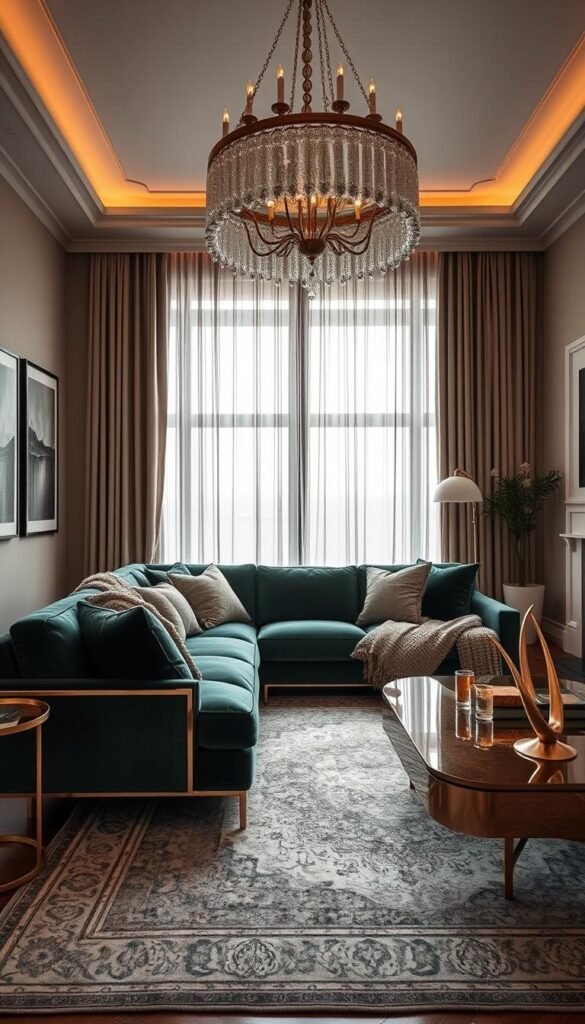 A luxurious, elegantly-appointed living room with a muted color palette and rich, textural elements. The focal point is a plush, velvet-upholstered sofa in a deep emerald hue, complemented by soft, woolen throws and pillows. The walls are adorned with framed abstract art, casting a warm, ambient glow. Gently cascading sheer curtains filter the natural light, creating a sense of tranquility. Underfoot, a hand-knotted, vintage-inspired rug adds depth and visual interest. Sleek, polished chrome accents and a sculptural, brass-finished coffee table elevate the space, while a large, statement chandelier casts a soft, diffused illumination. The overall effect is one of refined sophistication and timeless elegance.