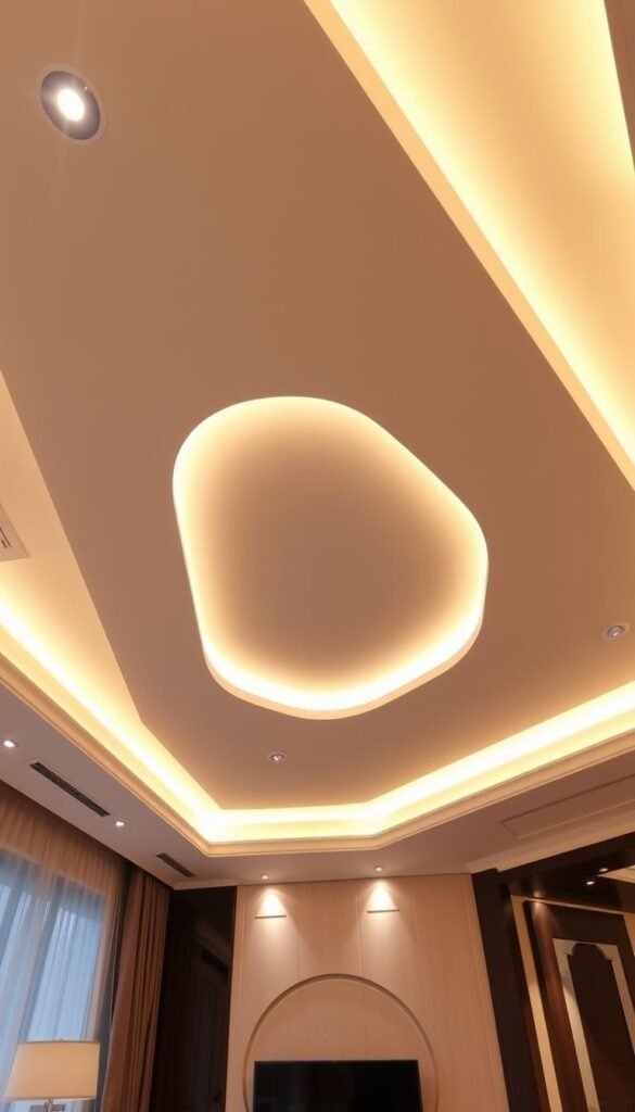 A luxurious false ceiling featuring a seamless integration of advanced lighting solutions. Elegant recessed LED panels illuminate the room with a warm, ambient glow, casting a soft, diffused light across the meticulously designed space. Sleek, minimalist track lighting highlights specific architectural features and decorative elements, creating depth and visual interest. Discreet, dimmable spotlights accentuate key focal points, allowing for precise control over the lighting levels. The overall effect is a harmonious fusion of form and function, elevating the living room's sophistication and creating an inviting, relaxing atmosphere.