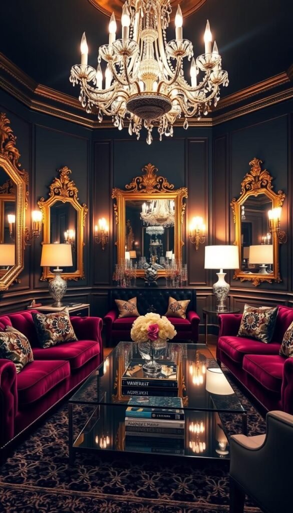 A luxurious glam living room with a focal point chandelier casting a warm, ambient glow. Ornate golden mirrors adorning the walls, reflecting the light and creating a sense of depth. Plush velvet sofas in a rich jewel-toned hue, accented by lustrous metallic throw pillows. Intricate patterns on area rugs and textiles add visual interest. Sleek glass coffee tables topped with crystal and mirrored accents. Strategically placed sconces and floor lamps provide gentle illumination, creating an intimate and sophisticated atmosphere. The overall aesthetic exudes elegance, opulence, and a touch of glamour without feeling overwhelming.