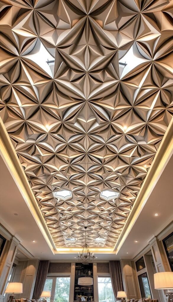 A luxurious, high-ceilinged room with a mesmerizing geometric patterned ceiling design. Intricate, angular shapes in a sophisticated color palette of gray, white, and metallic accents create a striking visual impact. The patterns flow seamlessly across the expanse, drawing the eye upward. Soft, diffused lighting from recessed fixtures and skylights casts a warm, inviting glow, highlighting the architectural details. The geometry is balanced by plush, comfortable furnishings below, creating a harmonious and visually captivating space perfect for a luxury living room.