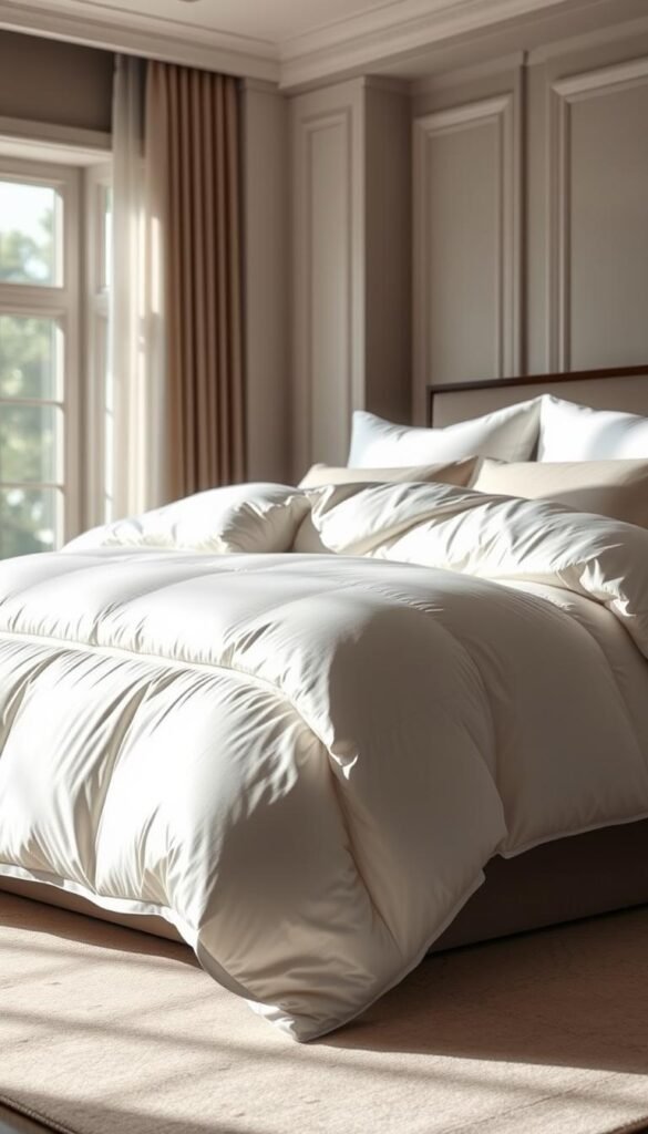 A luxurious hotel-style bedding set, featuring a plush, pristine white down comforter with a subtle sheen, set against a backdrop of crisp, high-thread-count linens in a neutral color palette. The bedding is illuminated by soft, diffused natural lighting filtering through large windows, casting a warm, cozy glow. The camera angle is slightly elevated, providing a comprehensive view of the meticulously arranged bedding, showcasing its inviting and indulgent texture. The overall atmosphere exudes a sense of tranquility, comfort, and sophistication, reflecting the luxurious experience of a high-end hotel suite.