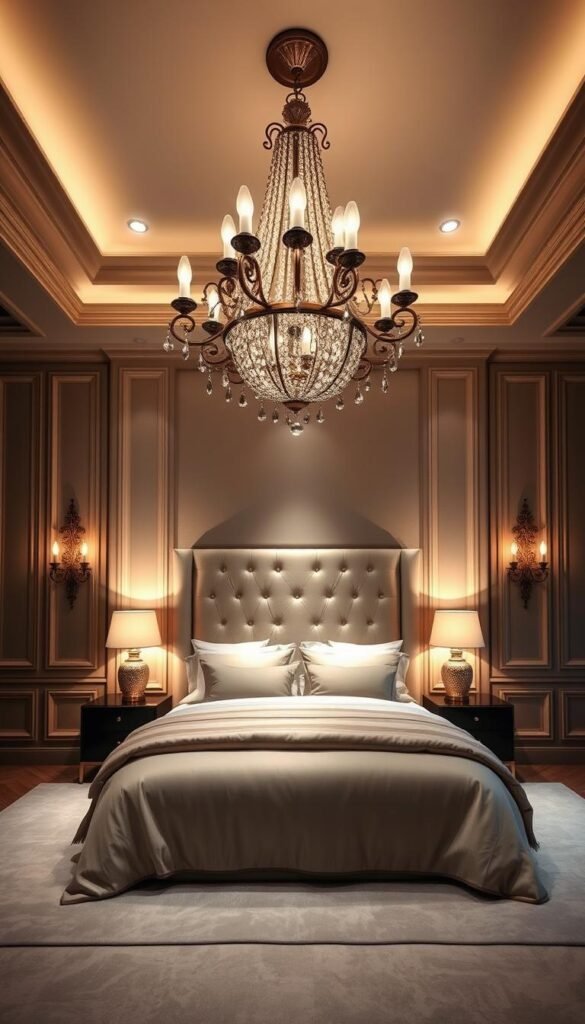 A luxurious king bedroom with dramatic lighting design. The scene features a large, opulent bed with plush bedding in a neutral color palette. Overhead, a grand chandelier casts a warm, ambient glow, complemented by recessed lighting along the ceiling perimeter. Bedside lamps with soft shades flank the headboard, providing intimate task lighting. The walls are adorned with elegant wall sconces that create a cozy, atmospheric vibe. The overall lighting scheme strikes a balance between grandeur and intimacy, elevating the room's sense of sophistication and relaxation.