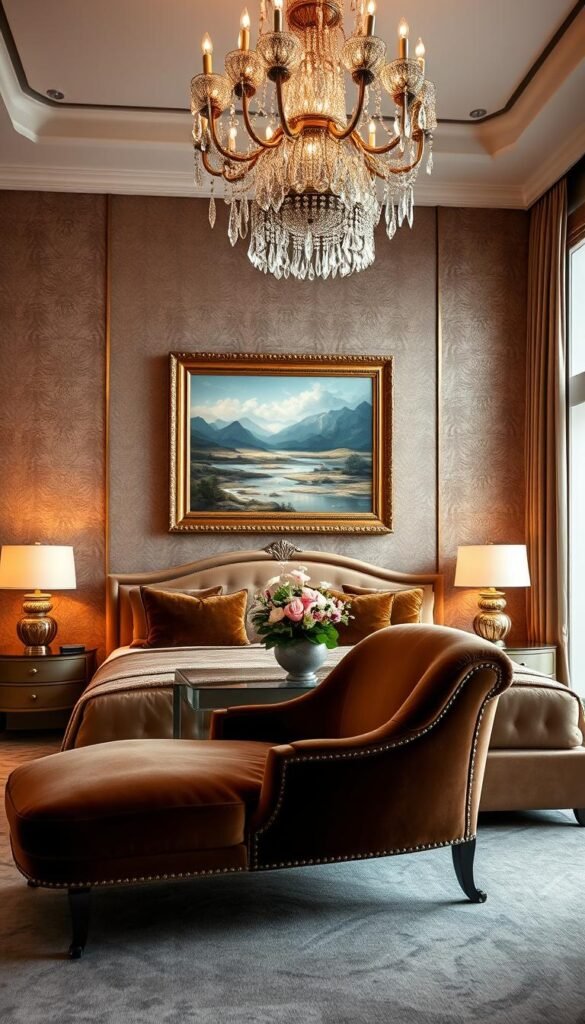 A luxurious king-sized bedroom adorned with high-end art and accessories. In the foreground, a majestic oil painting of a serene landscape hangs above an ornate, gilded mirror. Strategically placed on the nightstands, designer table lamps emit a warm, ambient glow. In the middle ground, a plush, velvet-upholstered chaise lounge invites relaxation, complemented by a sophisticated vase of fresh-cut flowers. The background features a pair of floor-to-ceiling windows that flood the space with natural light, illuminating the rich, textured wall coverings and the elegant, crystal chandelier overhead. The overall atmosphere exudes a sense of refined sophistication and opulence.