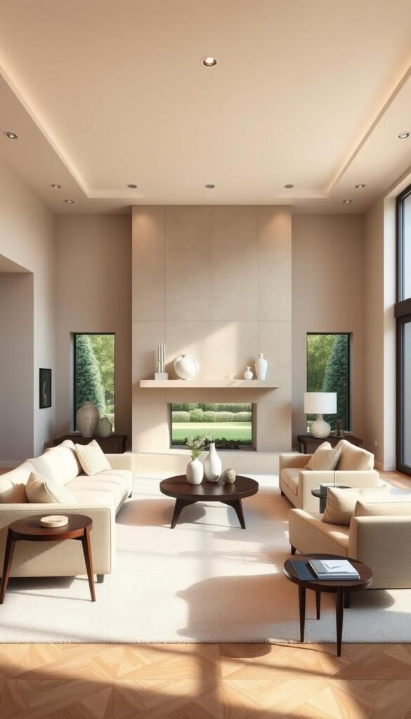 A luxurious living room bathed in a soothing neutral color palette. The spacious yet intimate setting features a plush, oversized sofa upholstered in a soft beige fabric, complemented by a pair of matching armchairs. Sleek, mid-century modern end tables flank the sofa, their minimalist designs echoing the room's elegant, understated aesthetic. The room's focal point is a grand, stone fireplace, its mantel adorned with a carefully curated selection of vases and sculptures. Warm, indirect lighting from recessed fixtures and floor lamps casts a subtle glow, creating a calming, tranquil ambiance. Expansive windows offer picturesque views of a lush, manicured garden, seamlessly blending the indoor and outdoor spaces. This neutral color palette living room exudes a timeless, sophisticated charm that will never go out of style.