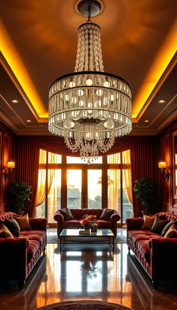 A luxurious living room bathed in a warm, ambient glow. In the foreground, a statement chandelier hangs elegantly, its crystal prisms refracting the light into mesmerizing patterns. Surrounding it, recessed ceiling lights and sconces illuminate the room with a soft, cozy illumination. The middle ground features plush, jewel-toned furniture, creating a sense of opulence and comfort. In the background, floor-to-ceiling windows allow natural light to filter in, casting a golden hue across the space. The overall atmosphere is one of sophistication, relaxation, and a touch of drama, perfectly capturing the essence of a luxury living room.