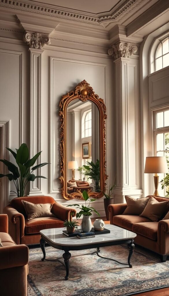 A luxurious living room bathed in soft, warm lighting, the focal point a meticulously placed antique mirror. The mirror's ornate golden frame reflects the room's elegant furnishings - plush velvet sofas, a marble-topped coffee table, and lush potted plants. The mirror's strategic positioning doubles the perceived space, creating an illusion of depth and grandeur. Subtle ambient lighting casts a gentle glow, accentuating the room's rich textures and tones. Ornate moldings and high ceilings add a sense of timeless sophistication, while large windows allow natural light to filter in, complementing the carefully curated decor. The overall atmosphere is one of refined luxury and timeless style.