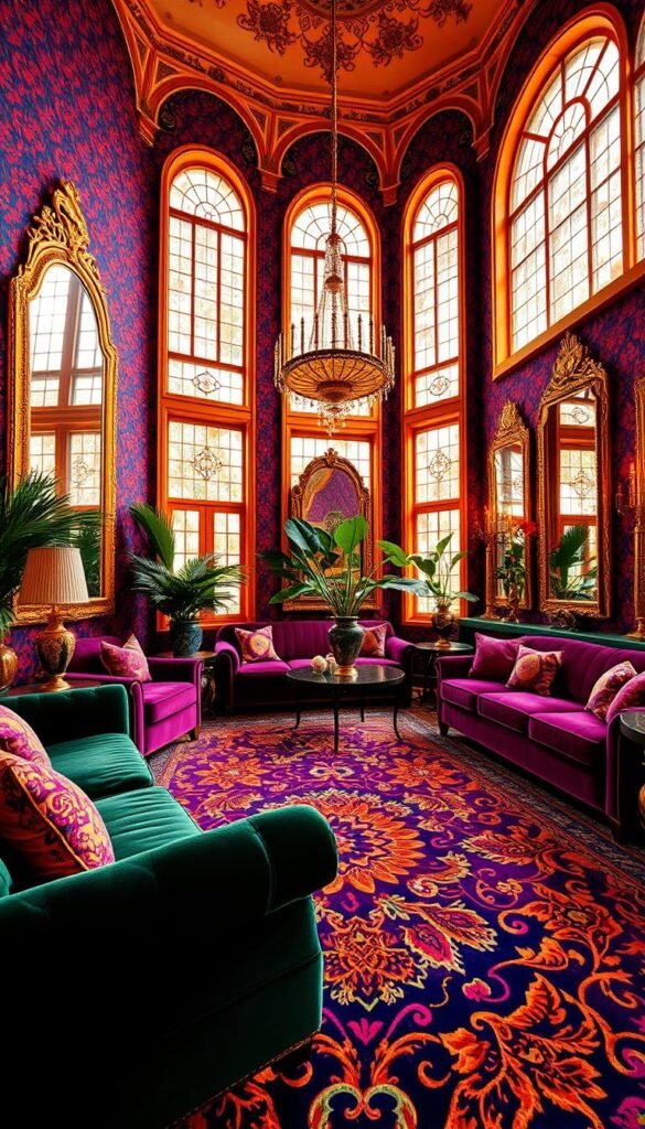 A luxurious living room bathed in vibrant, saturated colors and intricate, ornate patterns. Plush velvet sofas in rich jewel tones, adorned with embroidered throw pillows. A stunning, oversized area rug in a bold, kaleidoscopic design anchors the space. Tall, arched windows flood the room with warm, natural light, casting a radiant glow. Gleaming, gold-framed mirrors and accents create an opulent, glamorous ambiance. Lush, tropical foliage in ornamental vases adds a touch of verdant elegance. Captured with a wide-angle lens to showcase the grandeur and opulence of this vibrant, luxurious living retreat.