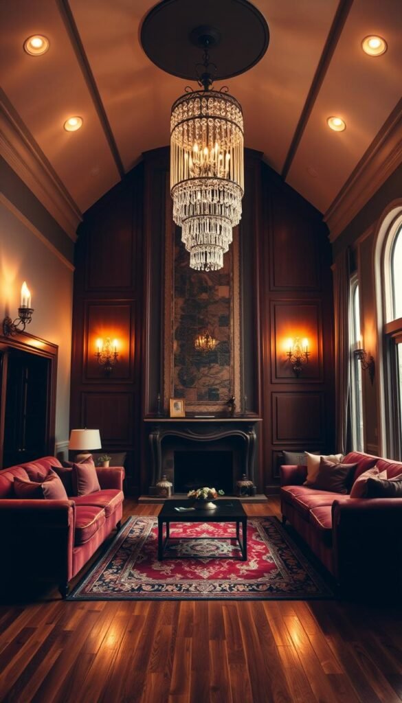 A luxurious living room bathed in warm, ambient lighting that creates an inviting and opulent atmosphere. A central chandelier with cascading crystals casts a soft, mellow glow, complemented by recessed ceiling lights that illuminate the space evenly. Elegant wall sconces flank a grand, ornate fireplace, casting flickering shadows and adding depth to the scene. The room is furnished with plush, velvety sofas and armchairs in rich, jewel-toned colors, arranged to encourage conversation and relaxation. Large windows allow natural light to filter in, casting a golden hue across the polished hardwood floors and ornate area rug. The overall effect is one of understated sophistication and refined elegance, perfectly capturing the essence of a luxury living room.