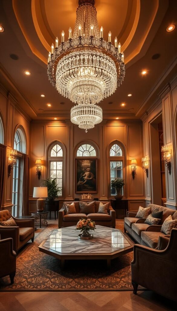A luxurious living room bathed in warm, ambient lighting. The focal point is a grand, multi-tiered crystal chandelier that casts a soft, elegant glow throughout the space. Plush velvet armchairs and a large sectional sofa are arranged around a polished marble coffee table, creating an intimate, inviting seating area. Recessed ceiling lights and sconces along the walls provide additional illumination, highlighting the room's rich textures and finishes. Tall, arched windows allow natural light to filter in, casting a golden hue. The overall atmosphere is one of refined sophistication and opulence, perfect for a high-end, luxury home. A luxurious living room bathed in warm, ambient lighting. The focal point is a grand, multi-tiered crystal chandelier that casts a soft, elegant glow throughout the space. Plush velvet armchairs and a large sectional sofa are arranged around a polished marble coffee table, creating an intimate, inviting seating area. Recessed ceiling lights and sconces along the walls provide additional illumination, highlighting the room's rich textures and finishes. Tall, arched windows allow natural light to filter in, casting a golden hue. The overall atmosphere is one of refined sophistication and opulence, perfect for a high-end, luxury home.