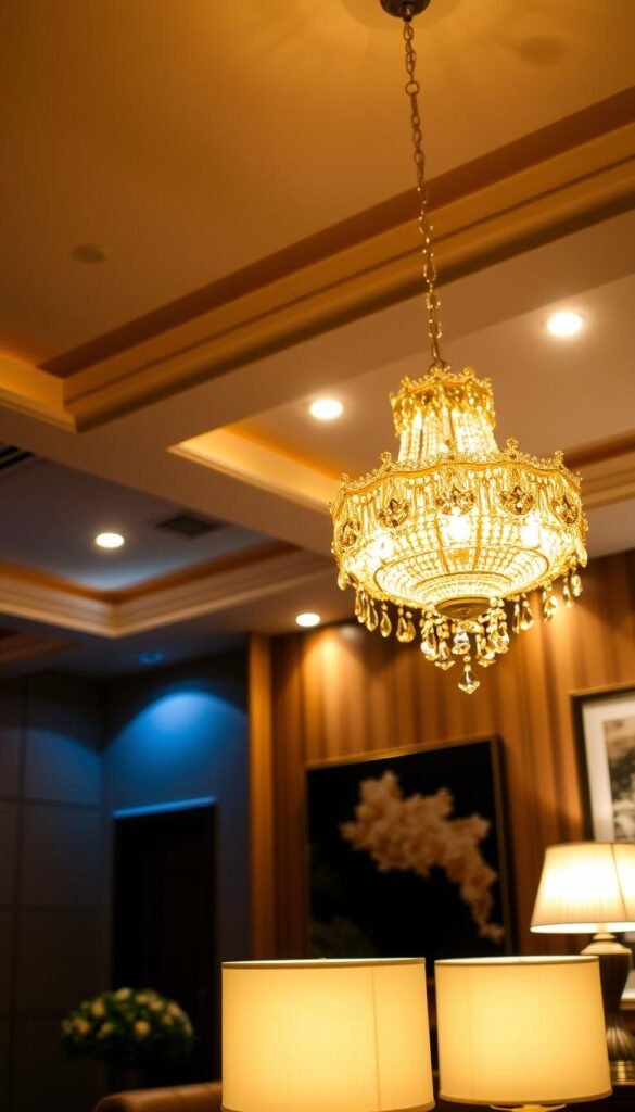 A luxurious living room bathed in warm, layered illumination. In the foreground, a dazzling chandelier casts a soft, golden glow, its intricate glass crystals refracting the light. The middle ground features a pair of elegant table lamps, their shades diffusing a cozy, ambient light. Recessed ceiling fixtures provide a subtle, indirect radiance, creating depth and dimension. The background is subtly lit, highlighting the textures of the wall paneling and the artwork that adorns the space. The overall atmosphere is one of sophistication and refinement, elevating the space with a harmonious balance of light sources.
