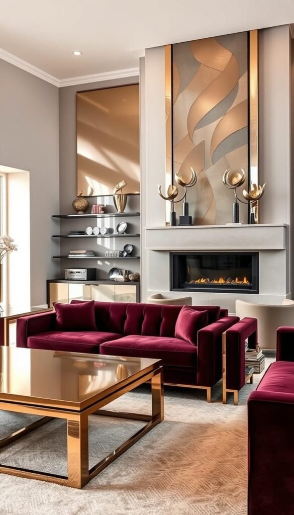 A luxurious living room filled with a harmonious blend of metallic finishes. In the foreground, a sleek coffee table with a gleaming brass surface reflects the warm lighting above. Flanking it, plush velvet sofas in a rich burgundy hue, their polished metal legs casting captivating shadows. Across the room, a towering fireplace mantel adorned with shimmering silver accents, complemented by floating shelves showcasing artful metal sculptures. The walls are painted in a sophisticated neutral tone, allowing the metallic elements to take center stage. Soft, diffused lighting casts a gentle glow, creating an atmosphere of refined elegance and timeless sophistication.