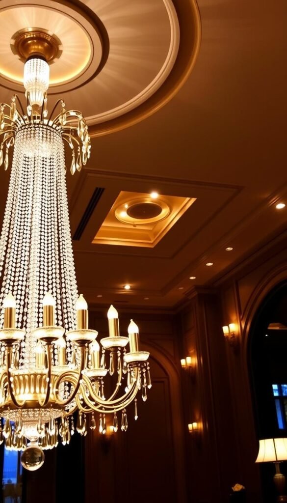 A luxurious living room filled with a warm, inviting glow from a variety of meticulously designed lighting fixtures. In the foreground, a grand chandelier casts a soft, ambient light, its crystal prisms refracting the illumination throughout the space. In the middle ground, sleek recessed spotlights highlight the elegant architectural features, casting dramatic shadows that accentuate the room's depth and volume. Strategically placed wall sconces and table lamps add layers of light, creating a harmonious balance and a sense of opulence. The overall mood is one of sophistication and tranquility, with the lighting elevating the space to a realm of timeless elegance.