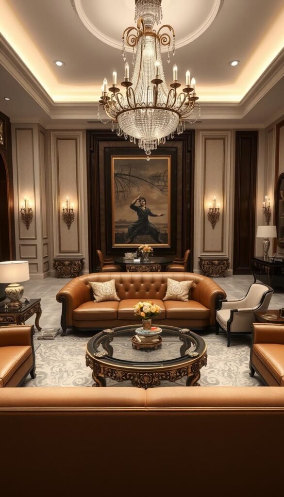 A luxurious living room filled with an elegant selection of high-end furniture pieces. In the foreground, a sleek and modern sofa upholstered in rich, supple leather, accompanied by a pair of plush armchairs in a complementary neutral tone. A large, ornate coffee table with a glass top and metal accents commands the center of the room. Surrounding the seating area, a set of intricate side tables and end tables in dark, polished wood create a sense of balance and sophistication. Soft, diffused lighting from wall sconces and a grand, chandelier-style pendant illuminates the space, casting a warm, inviting glow. The overall atmosphere exudes a refined, timeless elegance, perfectly capturing the essence of a luxurious living room design.