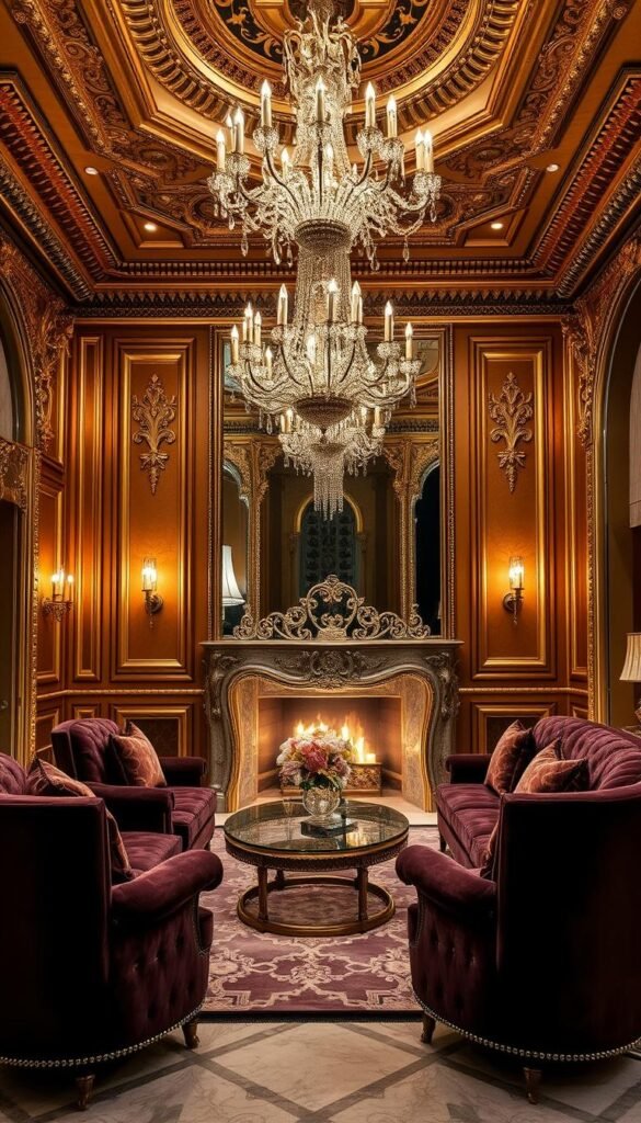 A luxurious living room interior with ornate, opulent textures and materials. Shimmering gold and bronze accents adorn the space, from intricate furniture detailing to gilded wall panels. Plush, velvet upholstery in rich, jewel-toned hues cover the seating, creating a sumptuous, decadent atmosphere. Ornamental lighting fixtures, such as a grand crystal chandelier, cast a warm, ambient glow across the room. Decorative moldings, delicate patterns, and a dramatic, mirrored fireplace mantle add layers of visual interest and a sense of grandeur. Soft, ambient lighting from hidden sources highlights the luxurious materials, creating a high-end, sophisticated ambiance.
