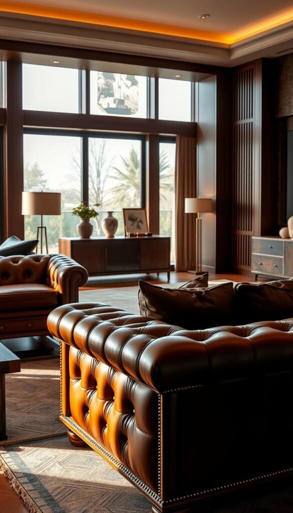 A luxurious living room showcases a harmonious arrangement of high-quality, expertly crafted furniture. In the foreground, a plush, tufted leather sofa and matching armchair exude a timeless elegance, bathed in warm, soft lighting. Nearby, a solid wood coffee table with intricate detailing anchors the space. In the middle ground, a modern, minimalist sideboard displays artfully curated decor, complemented by a sleek, geometric floor lamp. The background features floor-to-ceiling windows, allowing natural light to flood the room and highlighting the luxurious textures and finishes of the bespoke furnishings. The overall atmosphere is one of refined sophistication and attention to detail, creating a truly exceptional living environment.