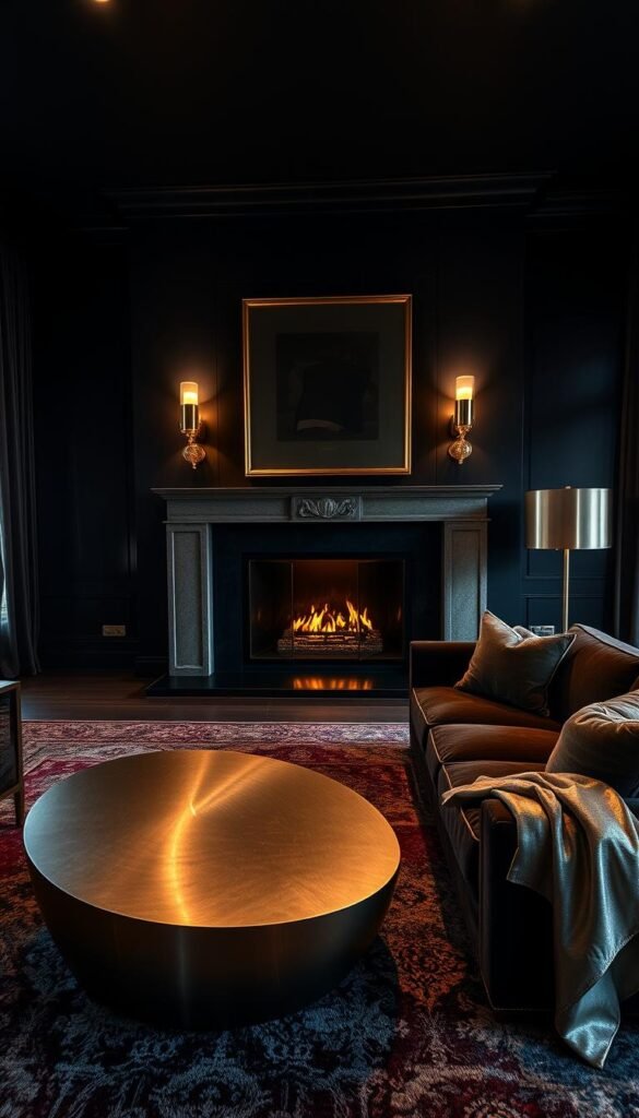 A luxurious living room with a dark, moody atmosphere. The focal point is a large, plush sofa upholstered in a rich, velvety fabric. Metallic accents shine throughout the space, from the sleek, brushed-steel coffee table to the gleaming brass floor lamp casting a warm glow. Lustrous chrome sconces flank a statement fireplace, its hearth framed by a polished stone mantle. The room is bathed in a soft, dramatic lighting, creating an inviting and sophisticated ambiance. Subtle textures, such as a shimmering silk throw and a heavily-textured area rug, add depth and visual interest. This image captures the essence of dark luxury living, where metallic accents elevate the space to new heights of refined elegance.