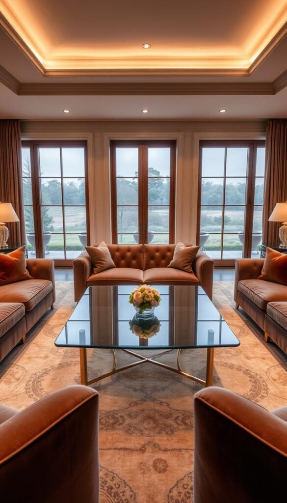 A luxurious living room with a harmonious center table arrangement. In the foreground, a tastefully designed center table with a polished glass top and sleek metal frame, perfectly proportioned to the room's scale. Plush velvet sofas and armchairs in a complementary color scheme surround the table, creating a cozy and inviting atmosphere. Warm, diffused lighting from recessed fixtures casts a soft glow, accentuating the table's elegant lines and the room's overall ambiance. In the background, large windows overlooking a serene outdoor landscape, further enhancing the sense of balance and visual harmony.