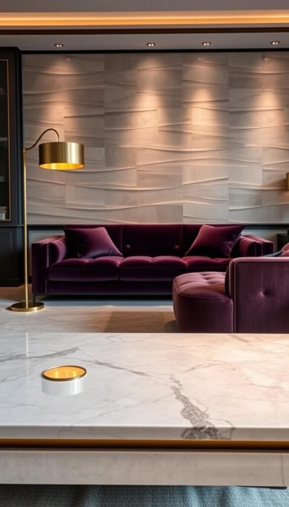 A luxurious living room with a high-end material palette. In the foreground, a sleek and substantial marble coffee table reflects the warm glow of a brass floor lamp. In the middle ground, a plush velvet sofa in a rich jewel-toned color invites relaxation. The background features a feature wall clad in elegant, book-matched stone tiles, accentuated by carefully positioned spotlights. The overall atmosphere is one of refined sophistication, with the use of premium materials evoking a sense of luxury and timeless design.