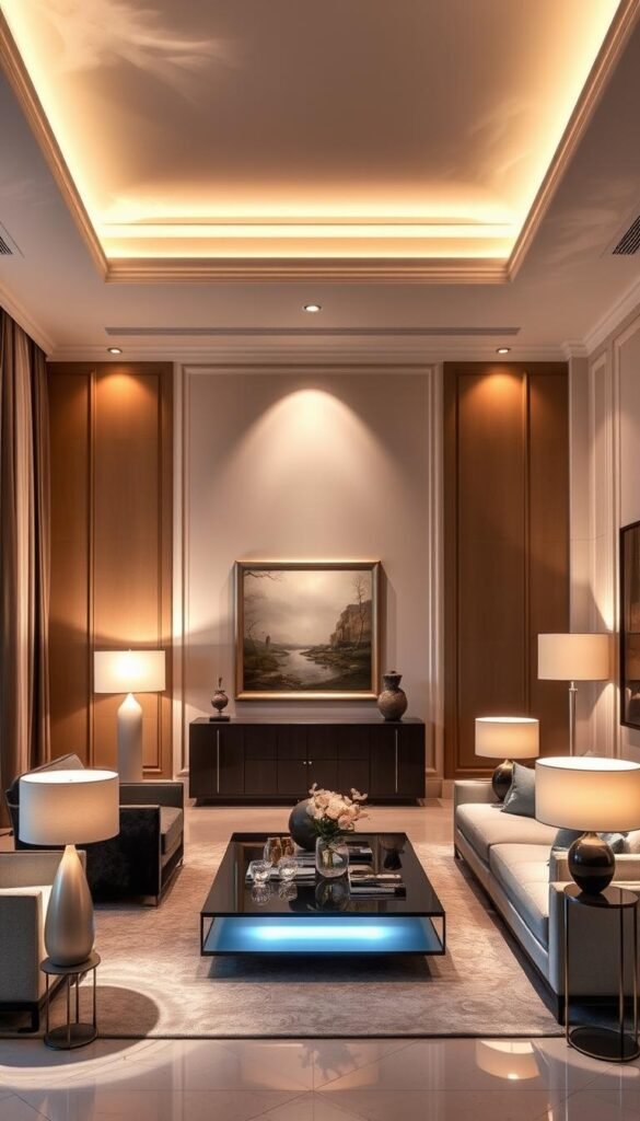 A luxurious living room with a layered lighting design that creates a warm, inviting ambiance. Soft, diffused overhead lighting illuminates the space, complemented by the gentle glow of table lamps and floor lamps strategically placed around the room. The lighting fixtures have a modern, minimalist aesthetic, seamlessly blending with the room's decor. Accent lighting highlights the artwork and architectural details, adding depth and dimension to the space. The lighting is carefully balanced, creating a harmonious interplay of light and shadow that sets the mood for relaxation and entertainment.