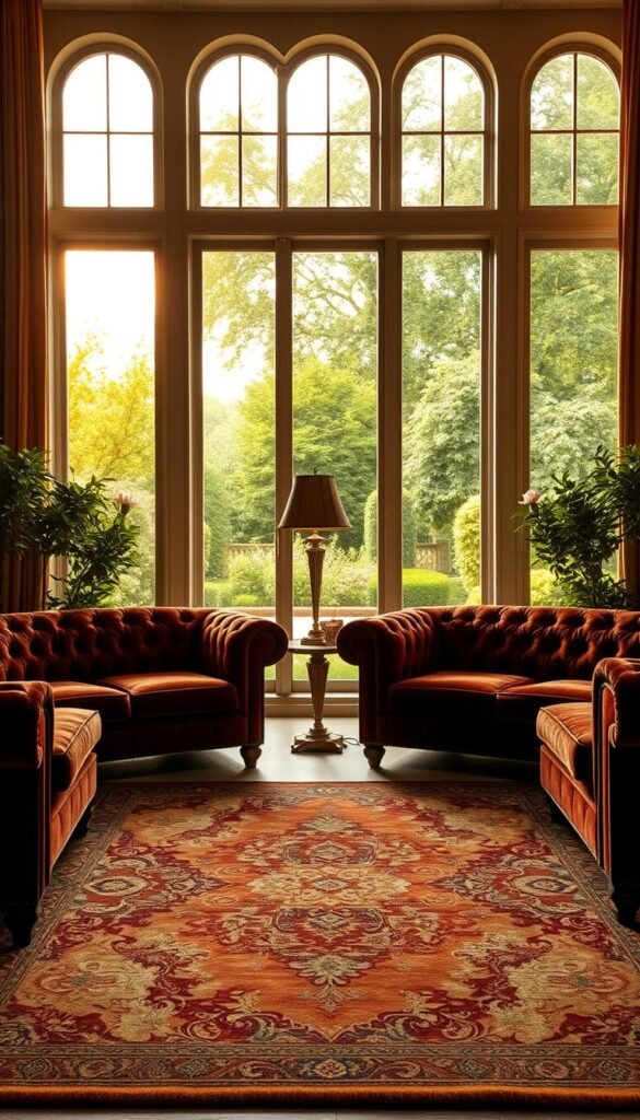 A luxurious living room with a pair of elegant, tufted chesterfield sofas in a rich, jewel-toned velvet. The sofas are positioned in the foreground, their plush cushions and button-tufted backs casting soft, diffused shadows. In the middle ground, a large, ornate area rug in a complementary pattern grounds the space, while a pair of antique brass floor lamps provide warm, directional lighting. The background features tall, arched windows framing a view of a lush, verdant garden, bathed in the golden glow of the afternoon sun. The overall scene exudes a sense of timeless sophistication and understated glamour.
