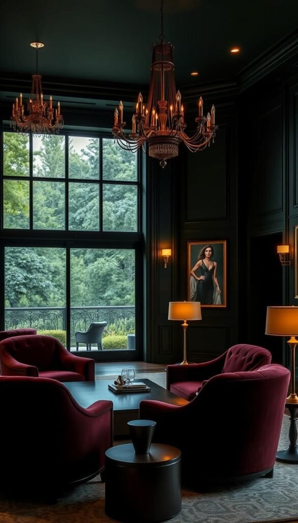 A luxurious living room with a rich, sophisticated color palette. The walls are adorned with a deep, moody green hue, creating a cozy and inviting ambiance. Plush velvet armchairs in a rich burgundy tone sit in the foreground, complemented by a sleek, dark wood coffee table. The lighting is a mix of warm, golden floor lamps and a statement chandelier, casting a soft, flattering glow throughout the space. In the background, floor-to-ceiling windows offer a glimpse of a lush, verdant landscape, seamlessly blending the indoors and outdoors. The overall aesthetic exudes masculine elegance and refined taste.
