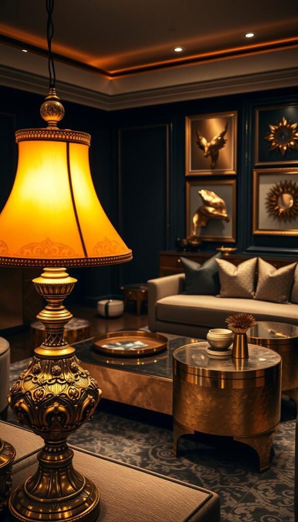 A luxurious living room with a rich, warm ambiance. In the foreground, an ornate gold and brass lamp casts a soft, flattering glow. The middle ground features a gleaming, metallic coffee table and side tables with intricate, hammered designs. In the background, the walls are adorned with brushed brass accent pieces and framed artwork, creating depth and visual interest. The lighting is low and moody, with a focus on the metallics to evoke a sense of sophistication and elegance. The overall atmosphere is one of refined opulence, perfect for a modern, high-end interior.