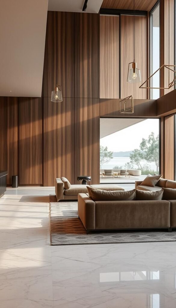 A luxurious living room with a sophisticated, minimalist aesthetic. Warm, soft lighting casts a gentle glow on the high-end natural materials - smooth, polished marble floors, sleek walnut wood paneling, and a plush, textured velvet sofa in a muted earthy tone. Subtle metallic accents, such as a brushed brass coffee table and modern geometric light fixtures, add touches of glamour. Large floor-to-ceiling windows frame a serene outdoor view, blending the interior and exterior seamlessly. The overall atmosphere is one of understated elegance and refined comfort, inviting relaxation and quiet contemplation.