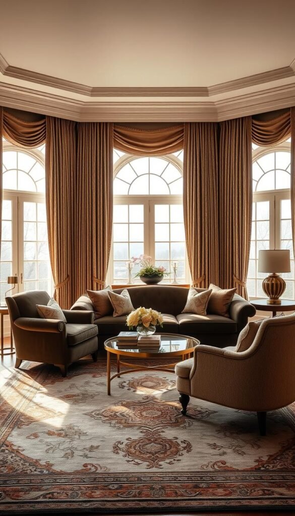 A luxurious living room with a timeless color palette, bathed in warm, natural light. The focal point is a sumptuous velvet sofa in a rich, jewel-toned hue, complemented by plush, textured armchairs in a complementary neutral. Elegant, floor-to-ceiling curtains in a subtly patterned fabric frame the windows, filtering the sunlight and creating a cozy, inviting atmosphere. Accents of gleaming brass and polished wood add a touch of sophistication, while a large, ornate area rug in muted tones grounds the space. The overall effect is one of refined elegance and timeless style, setting the stage for a modern classic luxury living room.