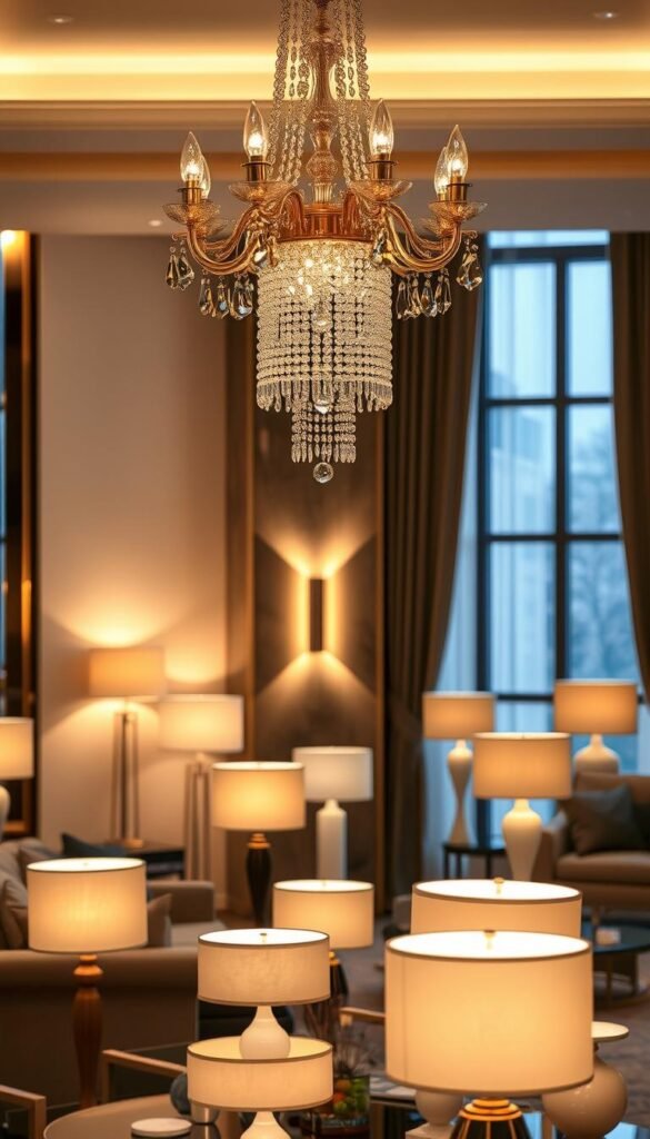 A luxurious living room with an array of captivating lighting fixtures, creating an atmosphere of refined elegance. In the foreground, a stunning chandelier cascades from the ceiling, its crystal prisms refracting warm, ambient light. Scattered around the room, a collection of sleek, modern floor lamps and table lamps emit soft, diffused illumination, casting a cozy glow. The middle ground features a stylish wall sconce, its minimalist design accentuating the room's architectural features. The background showcases a large window, allowing natural daylight to filter in, complementing the artificial lighting. The overall scene exudes a sense of refined sophistication and relaxation, perfectly suited for an elevated living space.