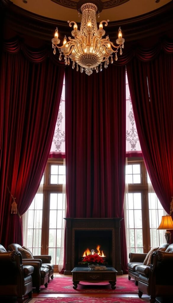 A luxurious living room with elegant, floor-to-ceiling curtains made of rich, velvet-like fabric in a deep burgundy color. The curtains are adorned with intricate embroidered patterns and decorative tiebacks, creating a sense of grandeur and sophistication. The living room is bathed in warm, indirect lighting from a luxurious, crystal chandelier, casting a soft, inviting glow. The curtains are framed by classic, wooden window frames, adding to the refined, traditional aesthetic. The room is furnished with plush, leather seating and a large, ornate fireplace, creating a cozy and opulent ambiance.