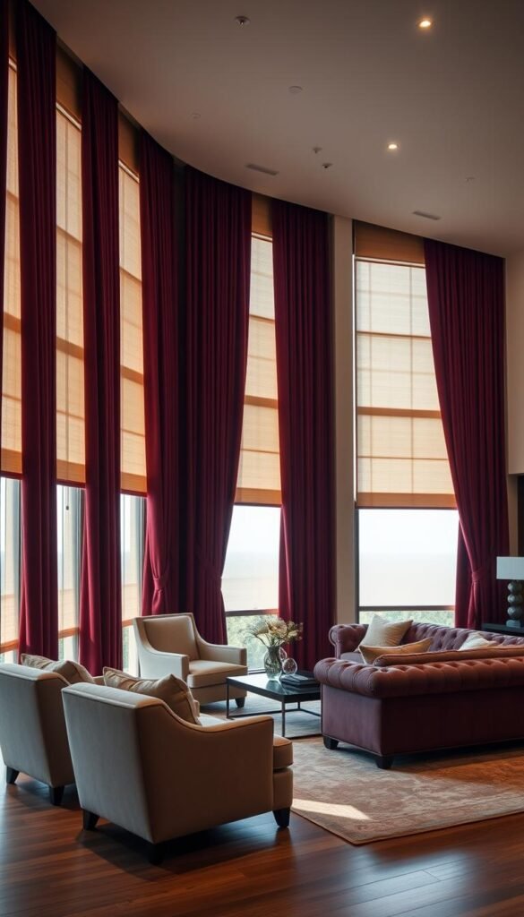 A luxurious living room with layered curtains and blinds. Floor-to-ceiling drapes in a rich, velvety burgundy cascade elegantly, framing large picture windows that flood the space with natural light. Sleek, motorized blinds in a complementary neutral tone gently filter the sunlight, creating a soft, diffused ambiance. Plush armchairs and a deep, tufted sofa upholstered in luxurious fabrics invite relaxation, while a polished, hardwood floor and a sumptuous area rug ground the scene in warmth and sophistication. Subtle, recessed lighting casts a warm glow, heightening the sense of refined opulence.