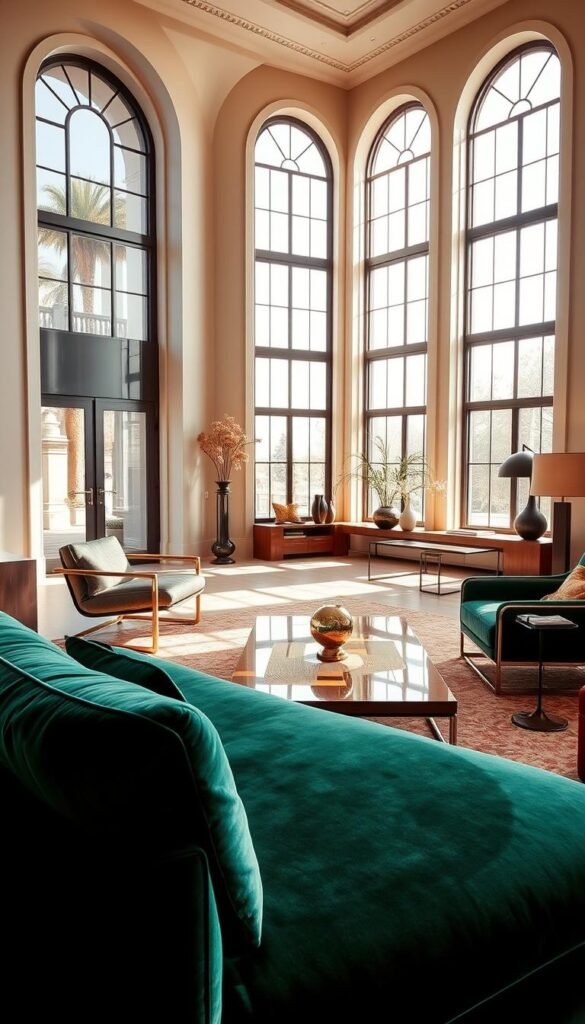 A luxurious living space filled with statement furniture pieces. In the foreground, a large, plush velvet sofa in a rich emerald green hue commands attention. Beside it, a sculptural armchair in a sleek, minimalist design in polished black chrome. The middle ground showcases a wooden coffee table with an abstract, geometric pattern inlaid in brass, reflecting the warm lighting from above. Framing the scene, tall, arched windows allow natural light to flood the room, casting a soft, diffused glow on the space. The atmosphere is one of refined sophistication and modern elegance.