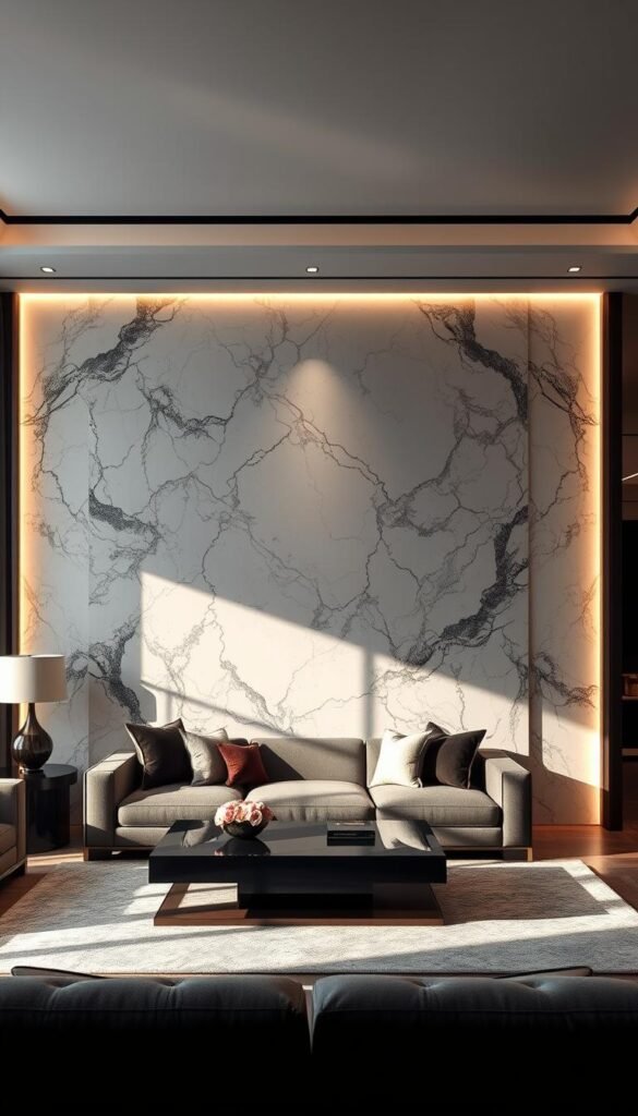 A luxurious marble feature wall, bathed in warm, directional lighting that casts dramatic shadows, creating an elegant, sophisticated ambiance in a modern living room. The intricate veining and polished surface of the marble panel serves as the focal point, seamlessly blending with the minimalist décor and high-end furnishings. The space exudes a sense of timeless opulence, exemplifying the epitome of contemporary luxury living.