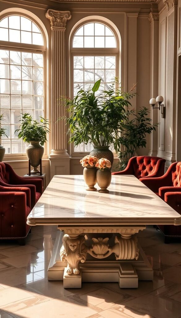 A luxurious marble table takes center stage in a neoclassical living room, illuminated by warm, natural lighting filtering through large windows. The smooth, polished surface reflects the refined elegance of the space, accentuated by intricate carved details on the table's legs. Plush, tufted armchairs in rich, jewel-toned upholstery flank the table, inviting guests to linger and appreciate the room's timeless beauty. Lush greenery and a curated selection of decorative objects add subtle pops of color, harmonizing with the room's neutral palette and creating an atmosphere of refined sophistication.