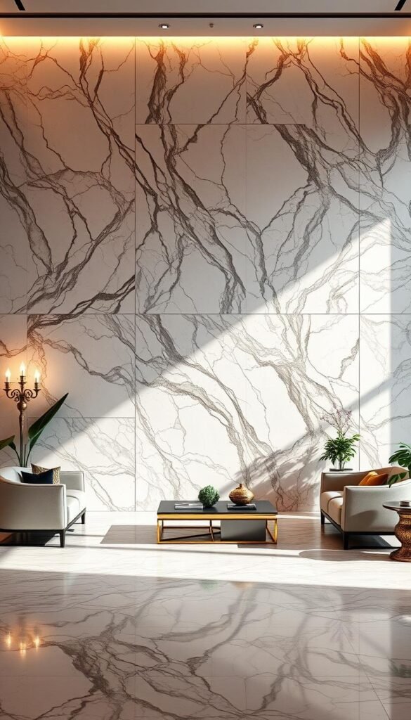 A luxurious marble wall design featuring intricate veining and a sleek, polished finish. The scene is bathed in warm, directional lighting that casts dramatic shadows, highlighting the depth and texture of the stone. The marble extends from the floor to the ceiling, creating a seamless, elegant backdrop for a high-end living room setting. Opulent furnishings and decor elements, such as plush seating, ornate light fixtures, and lush greenery, are subtly present, complementing the lavish marble wall. The composition emphasizes the grandeur and sophistication of the marble, inviting the viewer to imagine a truly exceptional luxury living experience.