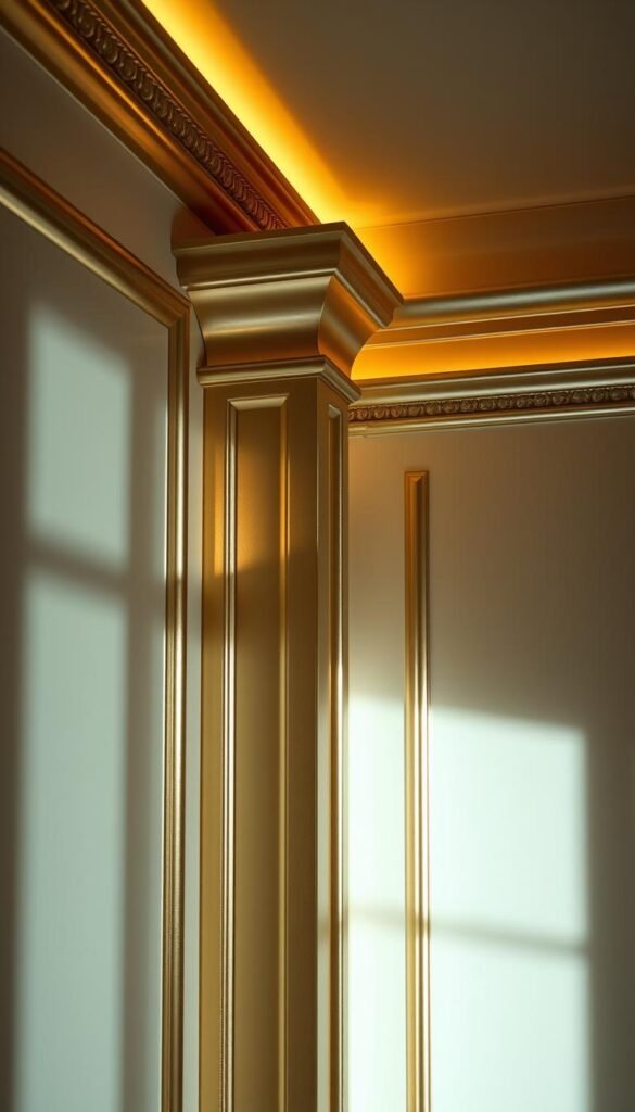 A luxurious metallic-finish bedroom moulding in a soft, warm glow. The sleek, polished profile frames the walls, casting a glamorous sheen across the space. Intricate details and ornate flourishes along the edges add a touch of opulence. The lighting is artfully directed, creating dramatic shadows and highlights that accentuate the metallic luster. The moulding stands out against the neutral color palette, elevating the overall aesthetic. An elegant, sophisticated scene that exudes a sense of refined luxury.