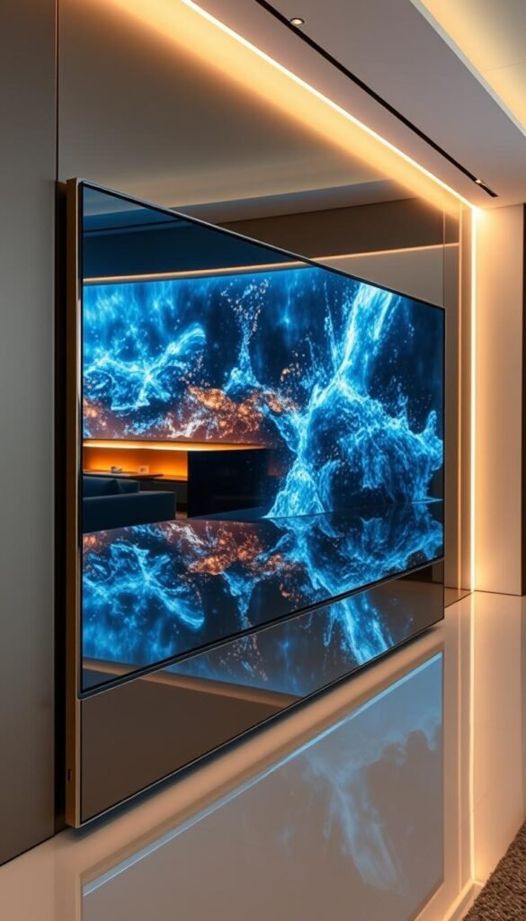 A luxurious mirror-finish TV screen, reflecting the surrounding decor like a polished glass surface. In the reflected image, an abstract digital art display flickers and shifts, creating an ever-changing visual centerpiece for the living room. Subtle backlighting illuminates the edges, casting a warm glow and blending seamlessly with the room's ambiance. The TV frame is minimalist and elegant, receding into the background to let the mesmerizing digital artwork take center stage. High-end materials like brushed metal and tempered glass lend an air of sophistication, elevating the space with a bespoke, custom-designed aesthetic.