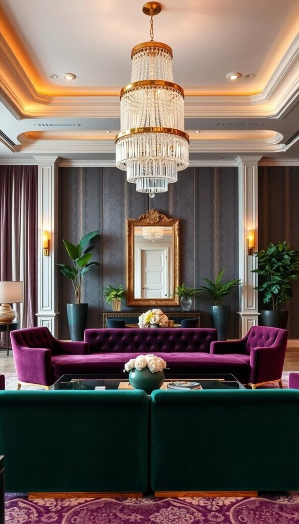 A luxurious modern glam living room with a warm, inviting atmosphere. The color palette features rich jewel tones of deep emerald, plum, and gold accents, creating a sophisticated and glamorous ambiance. In the foreground, a large, sumptuous velvet sofa in a deep emerald hue takes center stage, flanked by two matching armchairs in a complementary plum shade. Sleek, angular gold-finished coffee and end tables add a touch of Art Deco-inspired elegance. The middle ground showcases a statement chandelier with cascading crystal prisms, casting a soft, romantic glow throughout the space. In the background, a feature wall is adorned with a striking gold-framed mirror, surrounded by lush greenery in decorative planters. Warm, dimmable lighting, plush textiles, and luxurious accessories complete the modern glam aesthetic.