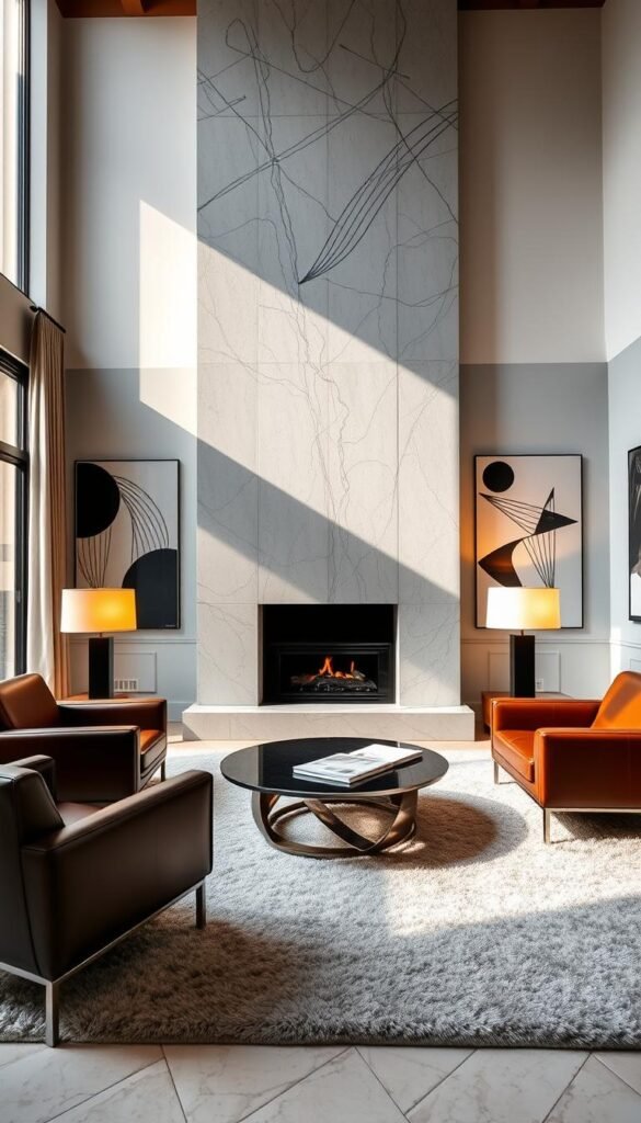 A luxurious modern living room featuring statement pieces that define the space. A grand fireplace with a marble surround commands the attention, flanked by two sleek armchairs in rich leather. A sculptural coffee table in polished metal sits atop a plush area rug, complemented by a pair of floor lamps that cast a warm, inviting glow. Tall windows allow natural light to flood the room, illuminating the elegant decor. The walls are adorned with abstract artwork, adding a touch of artistic flair. The overall atmosphere is one of refined sophistication and understated glamour.