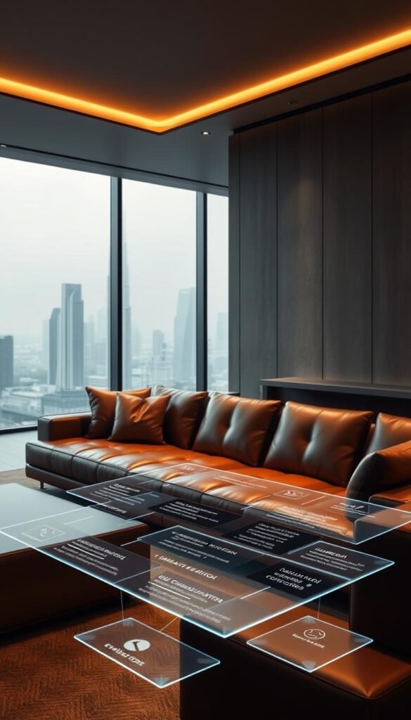 A luxurious modern living room with a large, plush sofa as the centerpiece. The sofa is crafted from high-quality leather, with a sleek and minimalist design. Soft, indirect lighting casts a warm glow, highlighting the rich texture and elegant lines of the furniture. In the foreground, an array of evaluation criteria are displayed on floating holographic screens, offering detailed information on the sofa's construction, materials, comfort, and durability. The background features a panoramic view of a serene, minimalist cityscape, with tall, glass-encased buildings and a subtle color palette of grays and blues. The overall atmosphere is one of sophistication, elegance, and a focus on high-end, thoughtfully-designed living spaces.