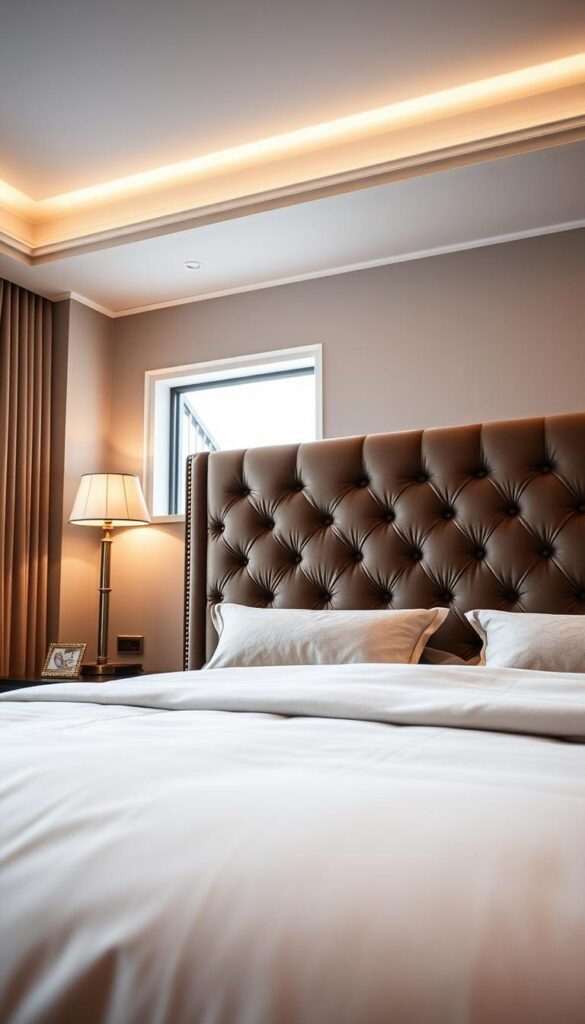 A luxurious statement headboard in a cozy neutral-toned bedroom. The headboard is made of plush velvet, featuring a tufted design with metallic nail heads for a touch of glamour. The lighting casts a warm, inviting glow, with a large window in the background allowing natural light to filter in. The headboard is the focal point, drawing the eye and enhancing the overall sense of comfort and sophistication in the space. The camera captures the headboard from a low angle, emphasizing its impressive scale and grandeur. A serene, harmonious atmosphere pervades the scene.