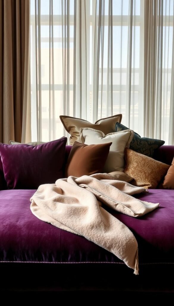 A luxurious still life showcasing an array of high-end textiles and materials. In the foreground, a plush velvet sofa in a rich, jewel-toned hue, its smooth surface accentuated by soft, directional lighting. Draped over the sofa, an exquisite cashmere throw in a complementary neutral shade. In the middle ground, a collection of decorative pillows in various luxurious fabrics, such as silk, satin, and brocade, arranged in a visually appealing manner. In the background, a set of sheer curtains in a delicate, shimmering fabric gently billowing, allowing glimpses of a refined, minimalist interior. The overall scene conveys a sense of opulence, comfort, and attention to detail, creating a visually captivating image that evokes the essence of luxurious textiles and materials.