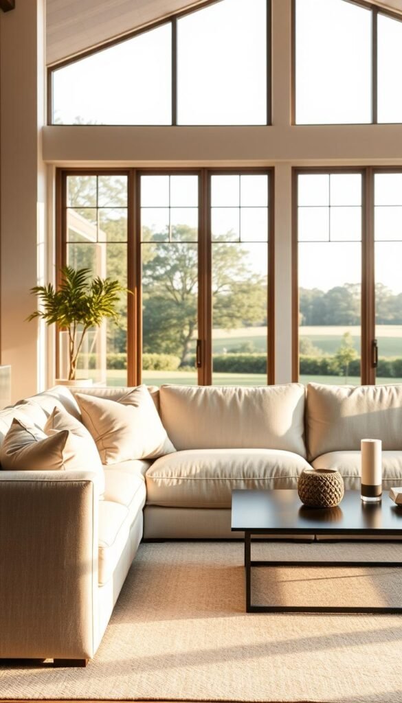 A luxurious, style-agnostic sofa in a sophisticated living room setting. In the foreground, the Lulu and Georgia Cleary sofa stands as the focal point, its plush cushions and tailored silhouette inviting relaxation. Bathed in warm, diffused lighting, the sofa's neutral upholstery allows it to seamlessly blend into the middle ground, where a minimalist coffee table and decorative accents complement the space. The background reveals a serene, airy ambiance with large windows overlooking a tranquil outdoor scene, creating a harmonious, timeless atmosphere. The overall composition conveys a sense of refined elegance and versatility, showcasing the Lulu and Georgia Cleary sofa as a design staple for modern living rooms.
