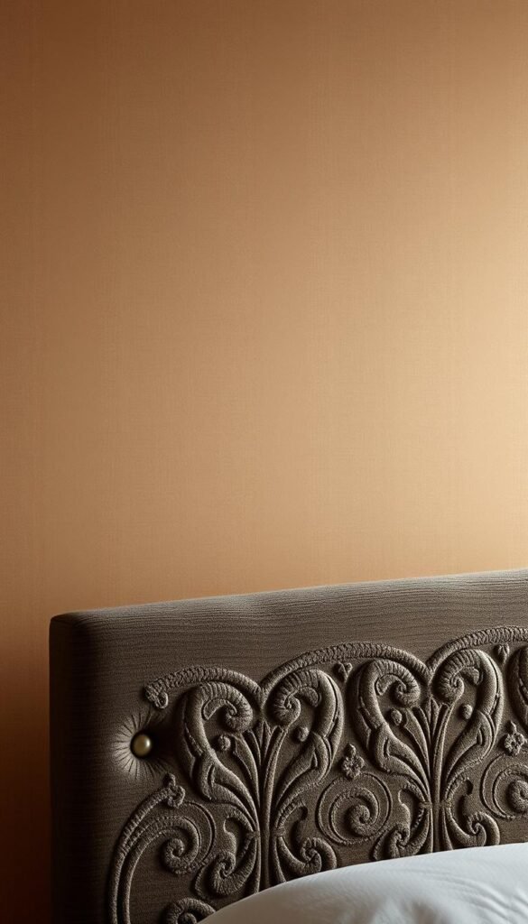 A luxurious, textured wallpaper for a sophisticated bedroom. The background features a subtle, mottled pattern in a warm, neutral tone, creating a sense of depth and visual interest. The foreground showcases an intricate, embossed design with a velvety, tactile surface that catches the light, adding a touch of glamour. The lighting is soft and diffused, highlighting the depth and nuance of the wallpaper's texture. The overall mood is one of refined elegance, perfect for a serene and inviting bedroom space.