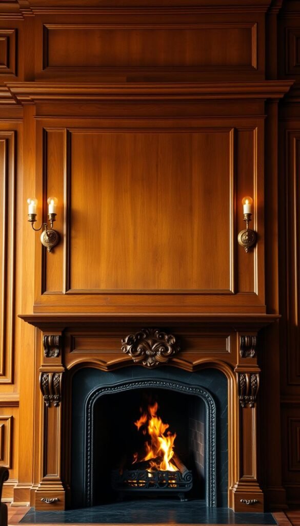 A luxurious, traditional wood-paneled living room wall, exuding timeless elegance. The paneling is crafted from rich, warm-toned hardwood, with a smooth, satin finish that reflects the soft, golden light from a pair of antique brass wall sconces. The panels are arranged in a symmetrical, classical pattern, with subtle, ornamental detailing that lends an air of refined sophistication. In the foreground, an ornate, carved mantelpiece frames a crackling fireplace, casting a cozy, flickering glow across the room. The overall atmosphere is one of refined luxury and old-world charm, creating a welcoming and inviting ambiance.